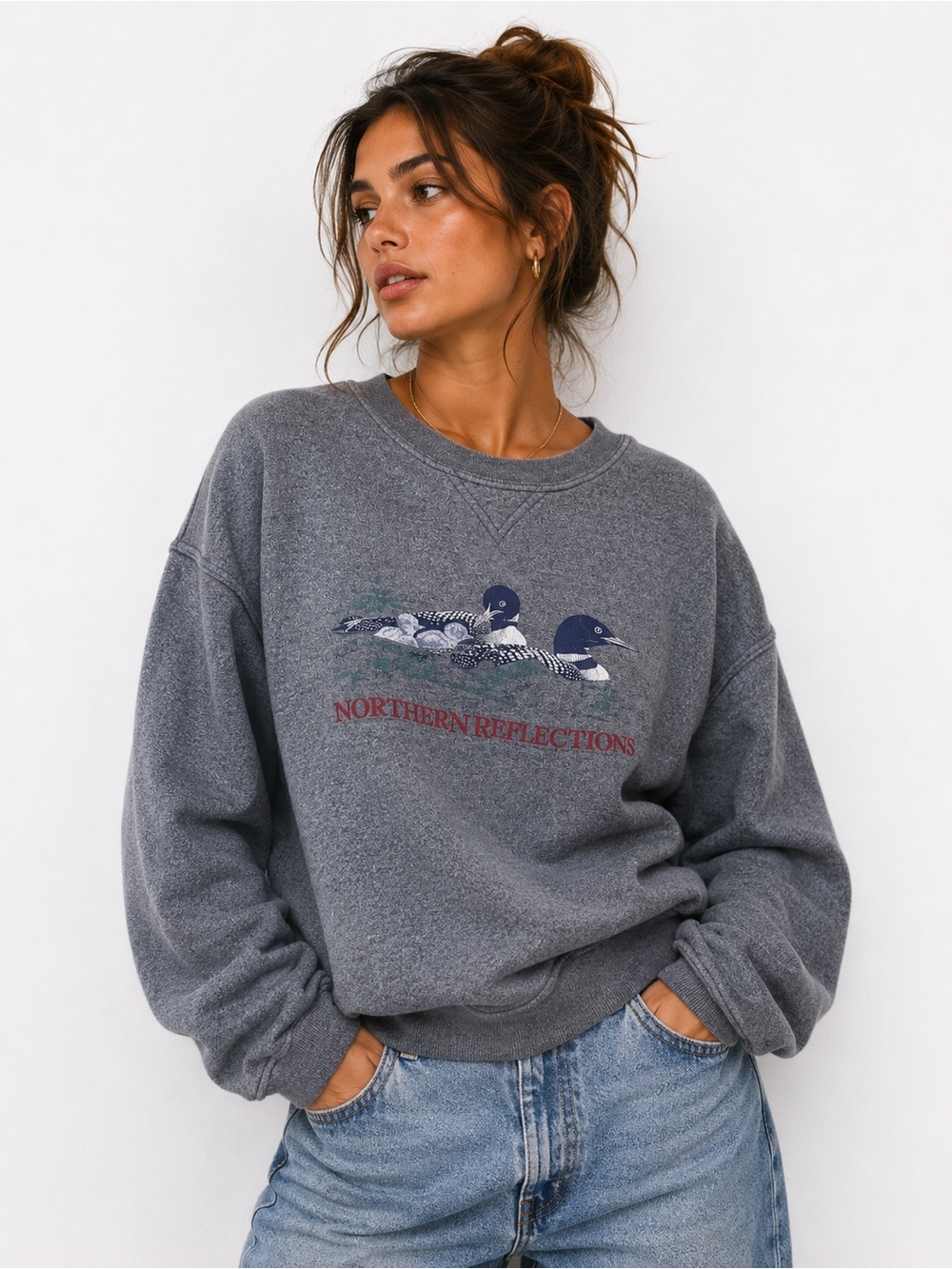 Northern Reflections Gray Crewneck Sweatshirt with Loon Illustration